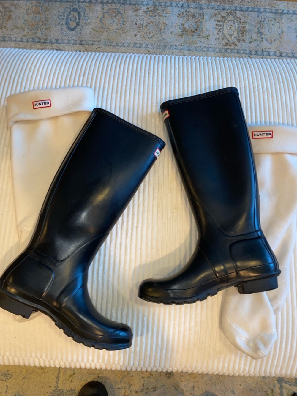 Hunter Black Gloss Rubber Tall Boots with White Liner Socks